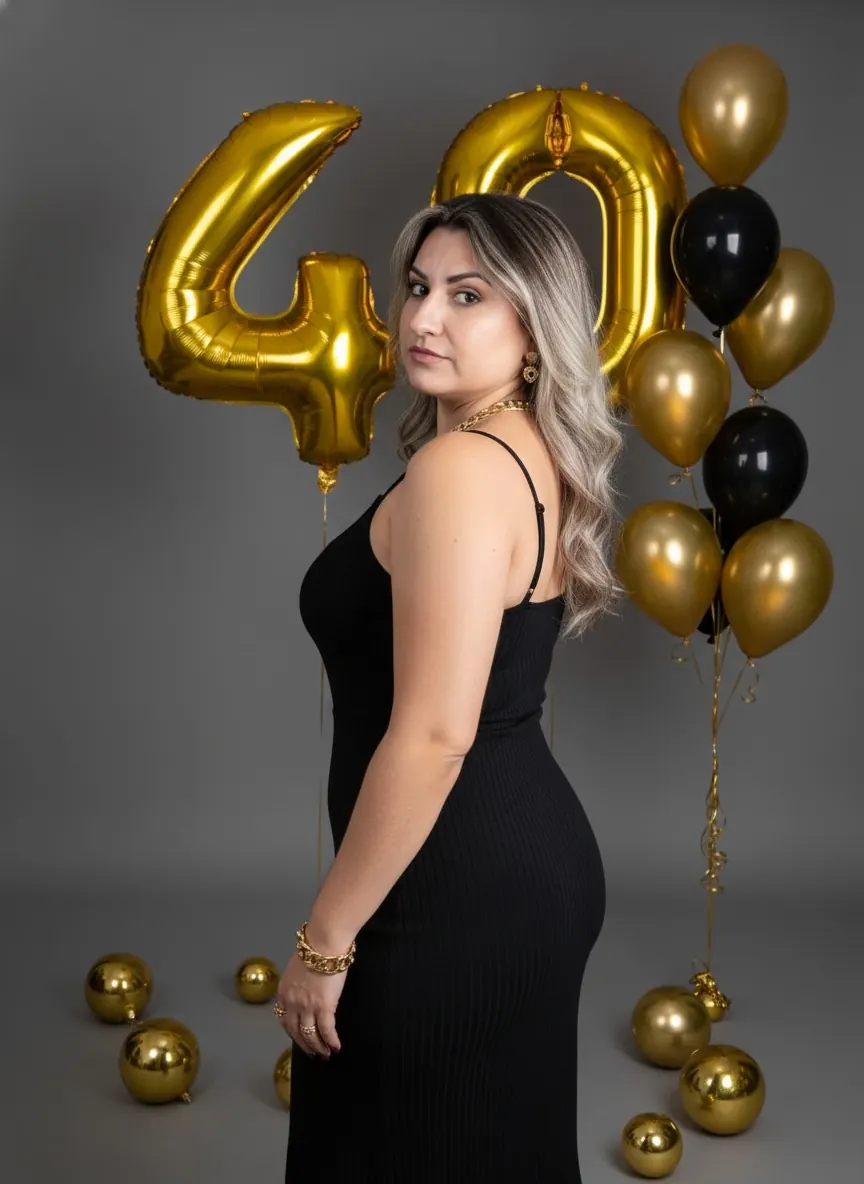 Foto profissional feminina com balões dourados