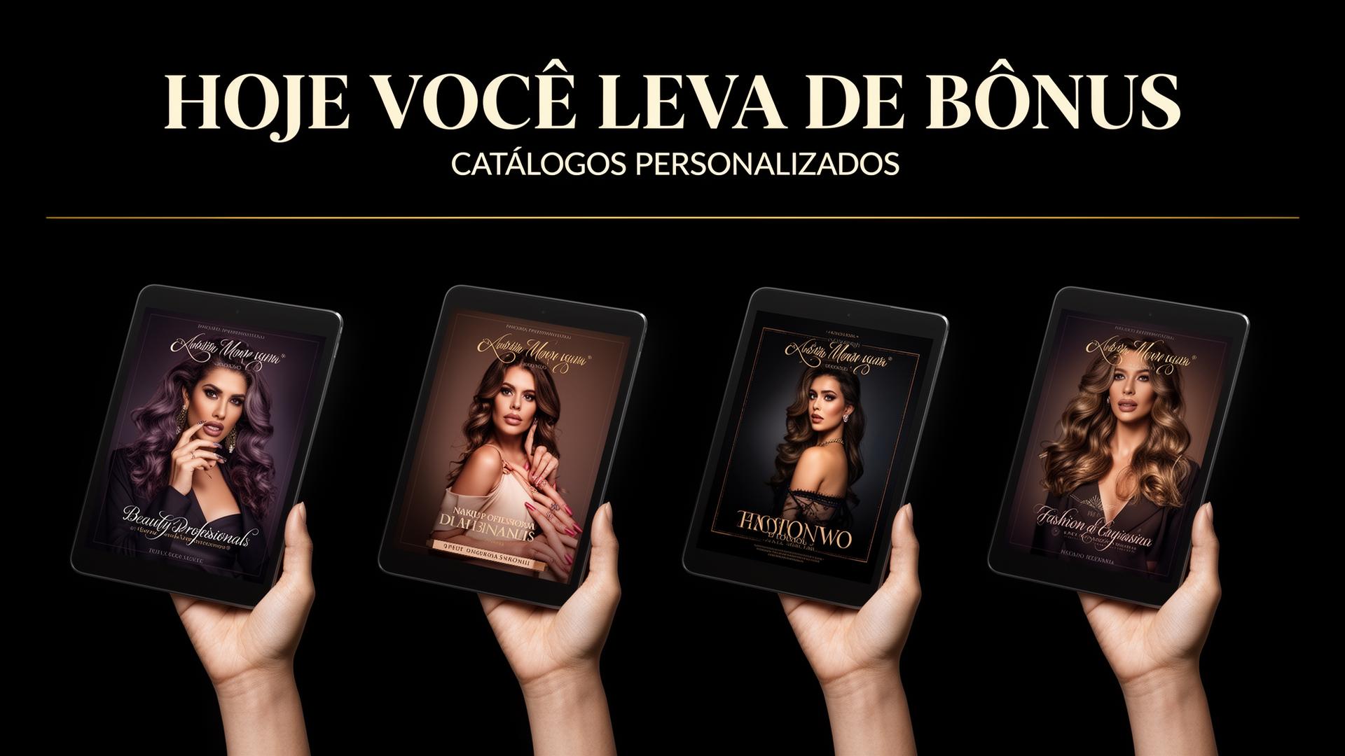 Hoje você leva de bônus catálogos personalizados — mockups de tablets exibindo catálogos profissionais