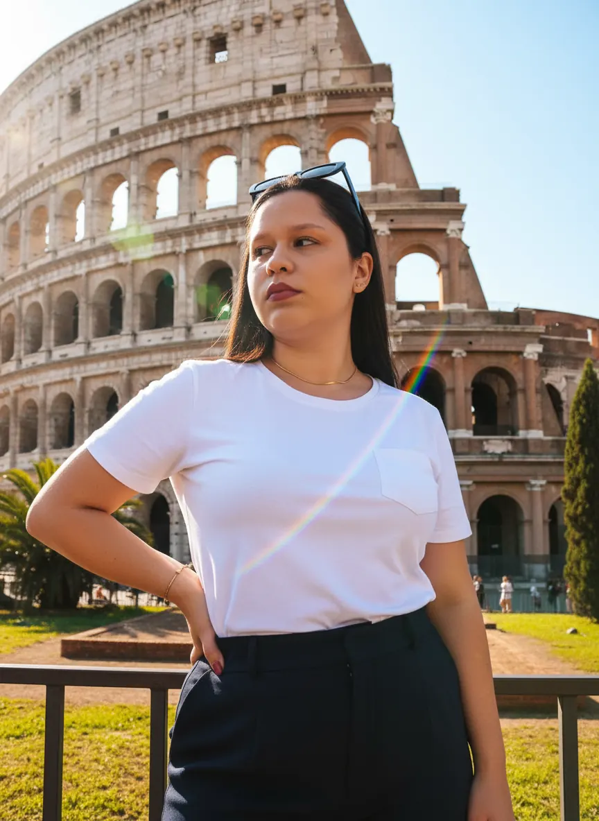 Mulher de camisa branca em frente ao Coliseu de Roma