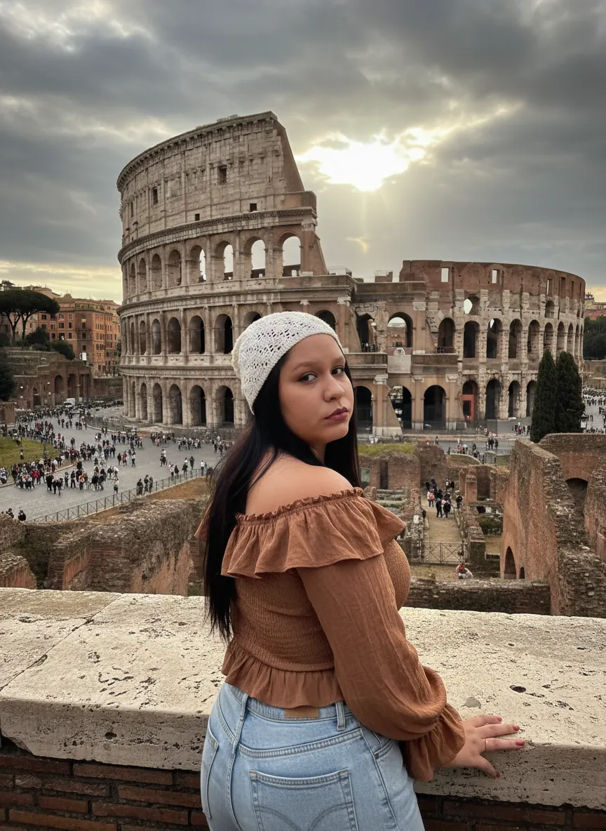 Mulher de touca branca em frente ao Coliseu ao entardecer