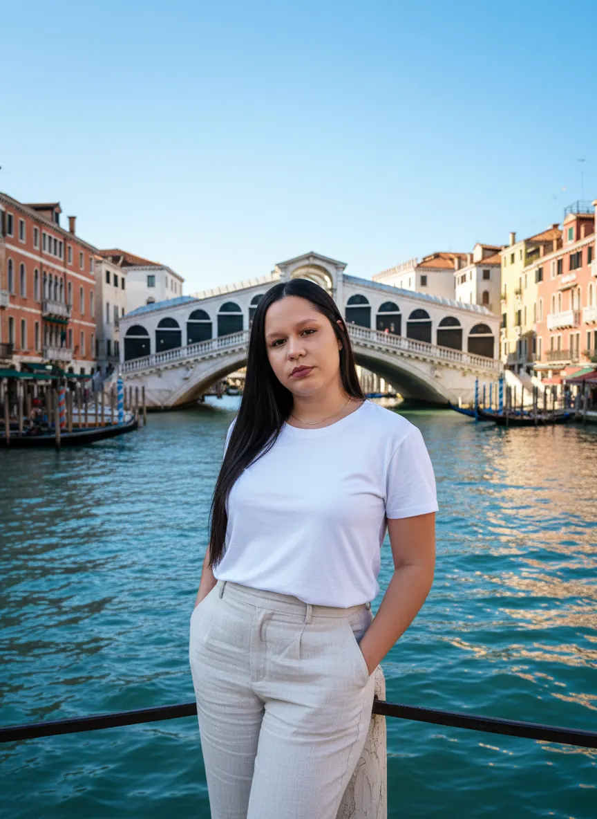 Mulher em Veneza em frente à Ponte de Rialto