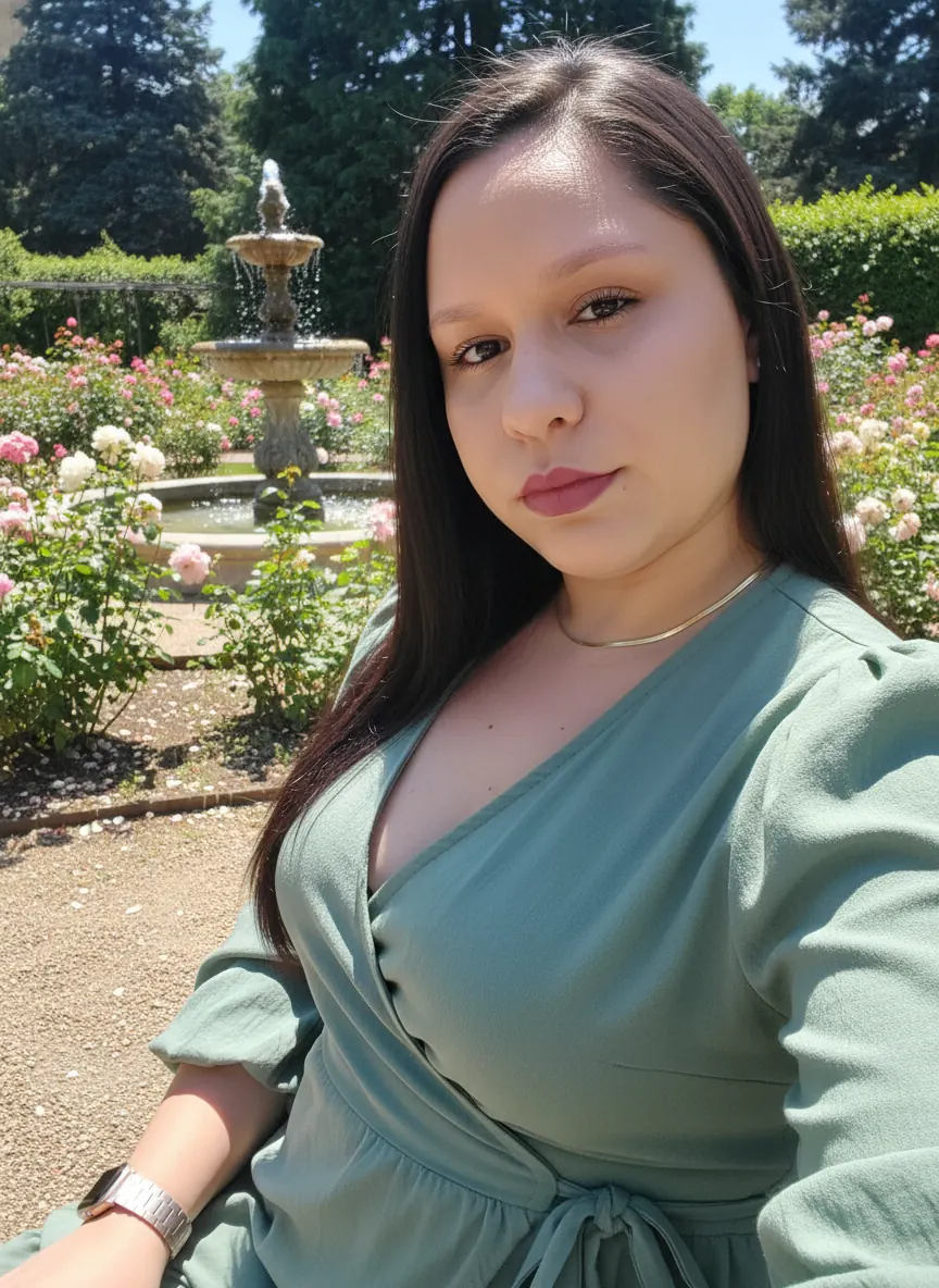 Selfie em jardim com fonte e flores