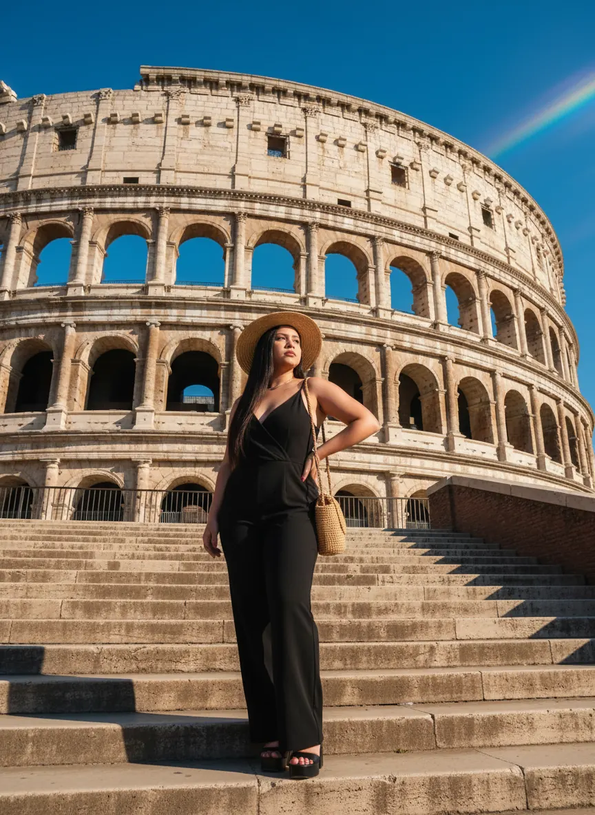 Mulher elegante de chapéu em frente ao Coliseu — gerada por IA