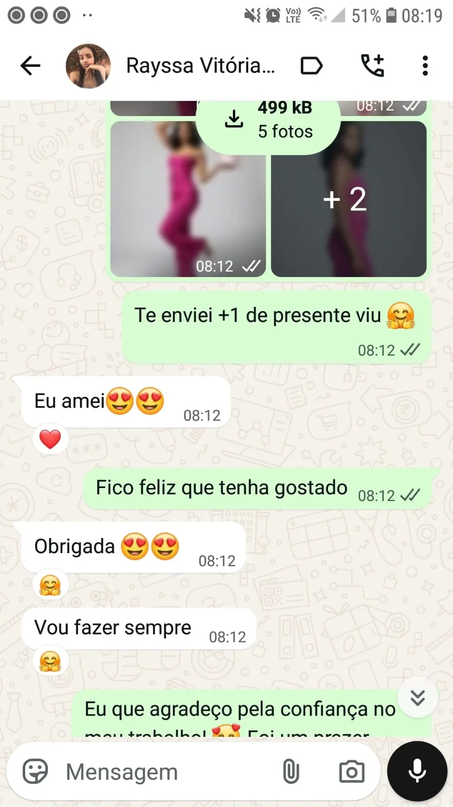 Print de conversa com cliente satisfeita no WhatsApp
