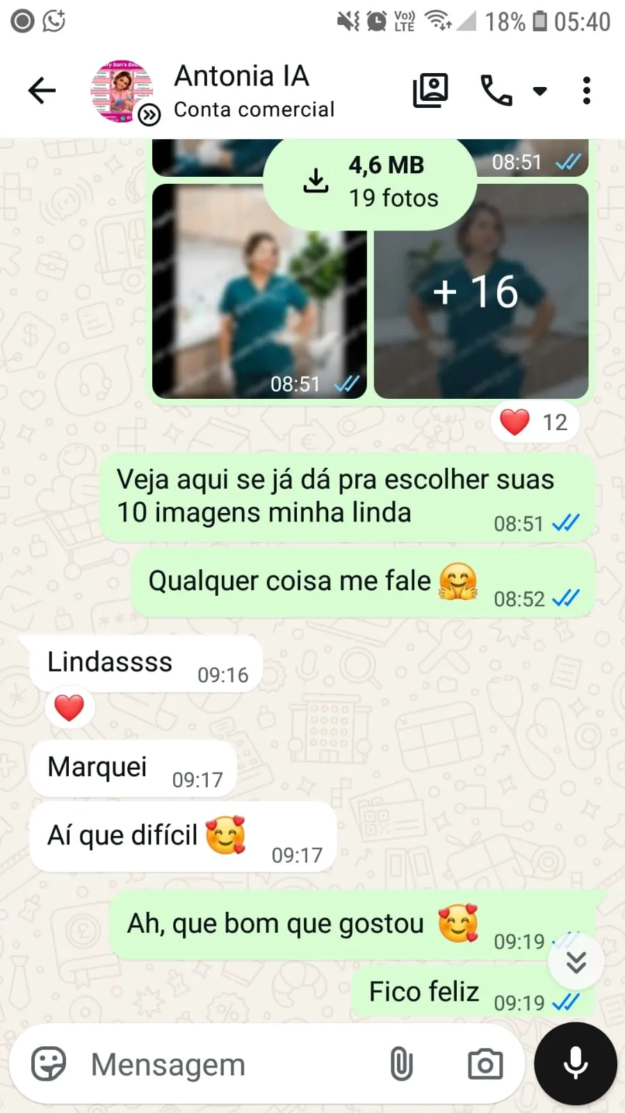 Print de cliente escolhendo imagens e elogiando o resultado
