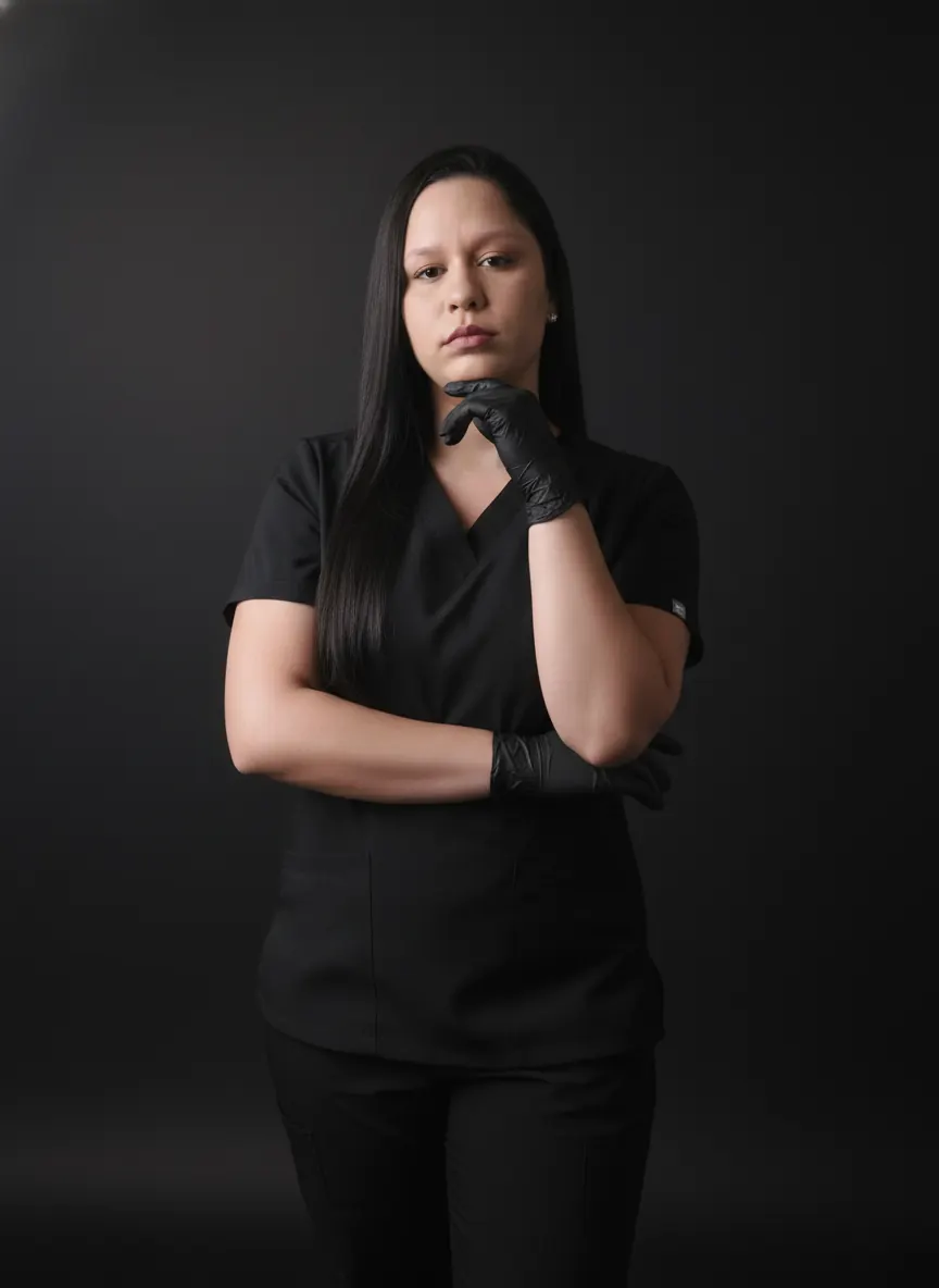 Retrato sofisticado com uniforme preto em fundo escuro