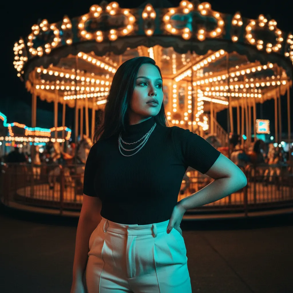 Retrato noturno em parque de diversões
