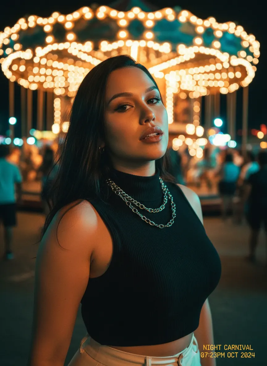 Retrato editorial em carrossel iluminado