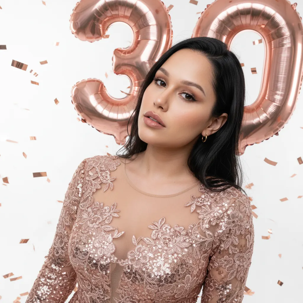 Retrato de aniversário com balões rose gold