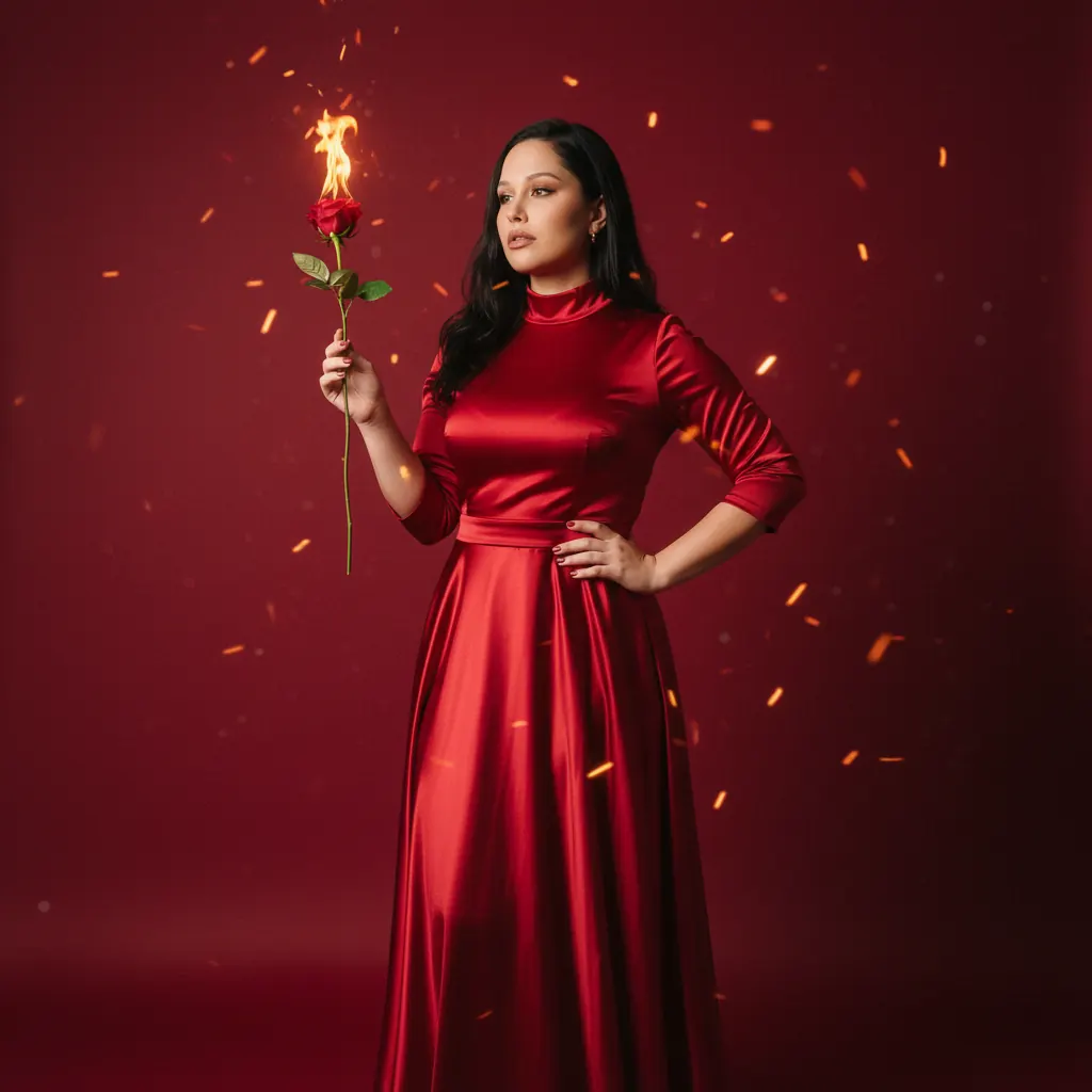 Retrato dramático com vestido vermelho e rosa em chamas